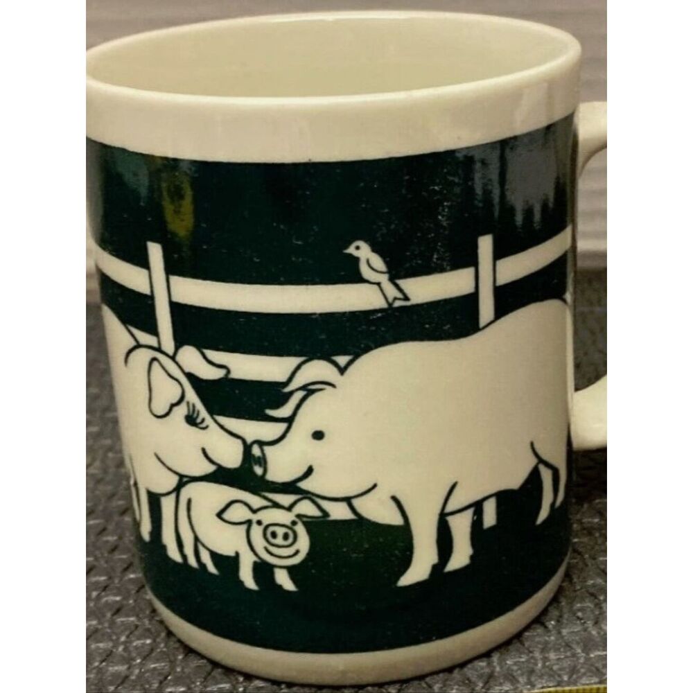Vintage Barnyard Pigs Ceramic Mug - Dark Navy and White